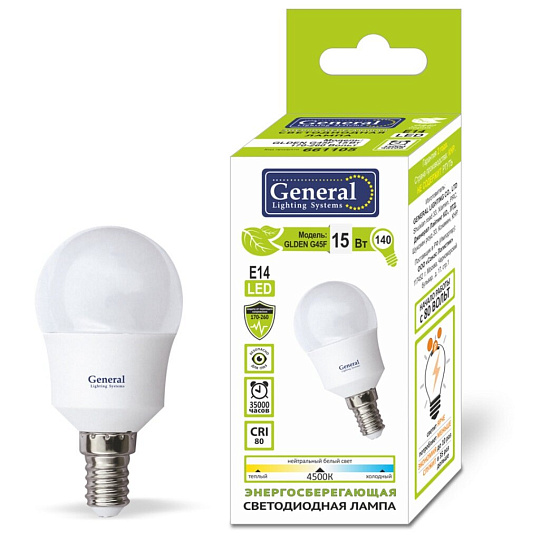 Лампа светодиодная E14, 15 Вт, 230 В, шар, 2700 К, теплый белый свет, General Lighting Systems, GLDE, 661104