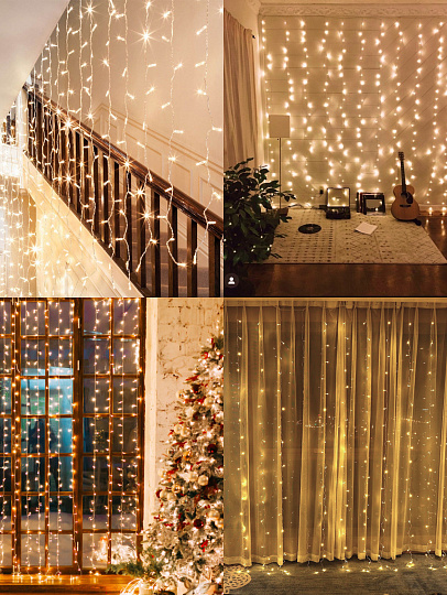 Гирлянда 120 ламп, 1.5х1.5 м, 8 режимов, Занавес, теплый белый свет, прозрачная, в помещении, сетевая, SY20L-09