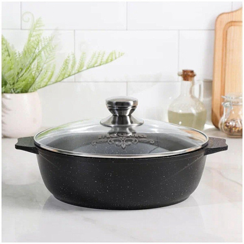 Жаровня алюминий, 28 см, 4 л, антипригарное покрытие, Мечта, Гранит black Induction Pro, черная, 34802И, с крышкой, индукция