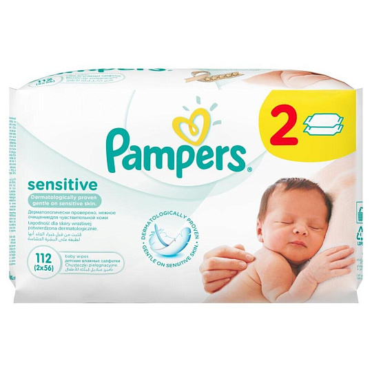Детские влажные салфетки Pampers Sensitive, сменный блок, 2х56 шт