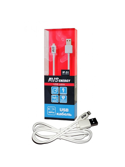 Кабель USB, AVS, IP-51, Apple Lightning, 1 м, белый, A78041S