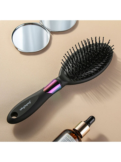 Расческа массажная, резиновая ручка, для волос, овальная, черная, 70х265х40 мм, Studio style, 58808-7121