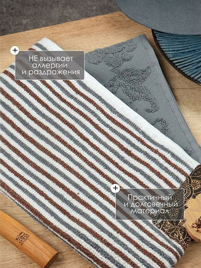 Набор полотенец кухонных 2 шт, 30х50 см, махровый, 100% хлопок, 420 г/м2, Barkas, Розы, темно-серый, Узбекистан