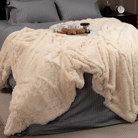 Плед 2-спальный, 200х220 см, искусственный мех, 100% полиэстер, Buenas Noches, Длинный ворс, кремовый, 14685
