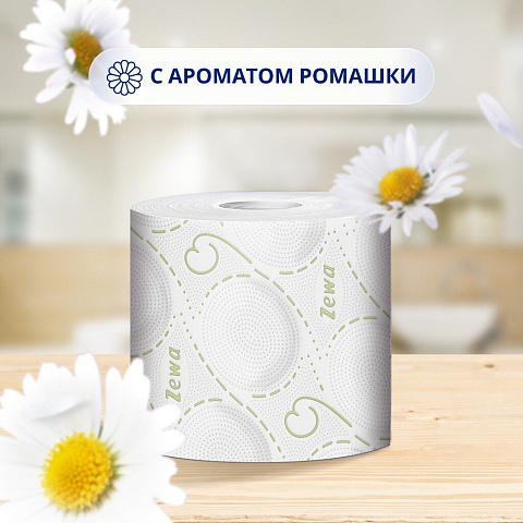 Туалетная бумага Zewa, Deluxe Ромашка, 3 слоя, 4 шт, 17 м, с втулкой, белая