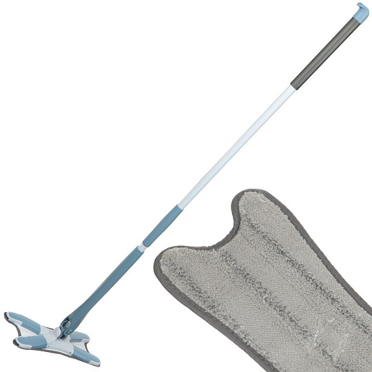 Швабра плоская, микрофибра, 36х12 см, серая, с вертикальным отжимом, телескопическая ручка, серо-голубая, со сменным блоком, Bossclean, LDR1705