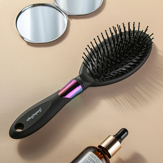 Расческа массажная, резиновая ручка, для волос, овальная, черная, 70х265х40 мм, Studio style, 58808-7121