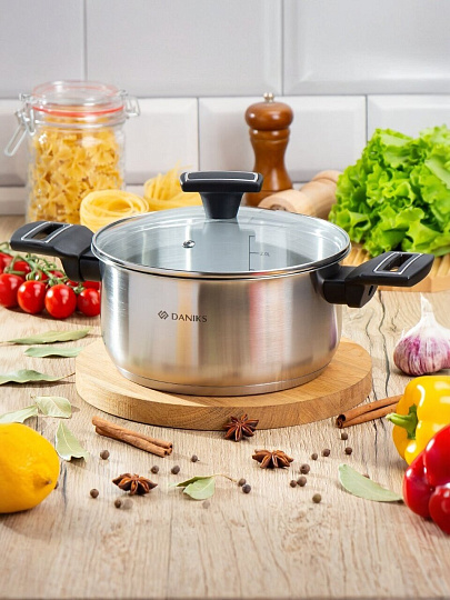 Кастрюля нержавеющая сталь, 3.1 л, крышка стекло, Daniks, Айленд, SD-23-20, индукция