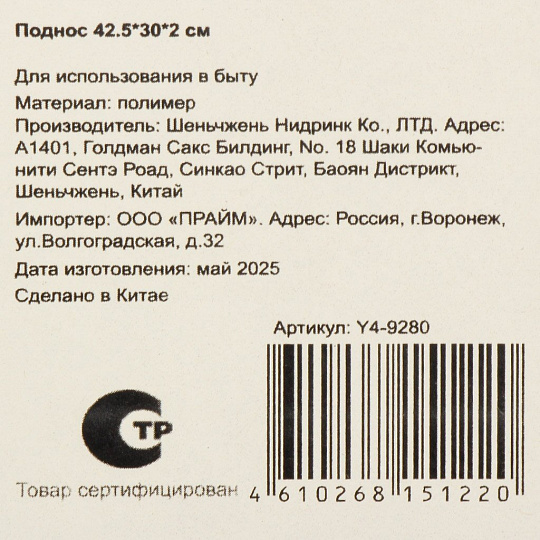 Поднос пластик, 42.5х30х2 см см, прямоугольный, Y4-9280