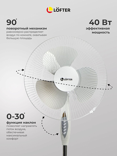 Вентилятор напольный, Lofter, 40 Вт, 3 скорости, поворотный, бело-серый, S40-A17 (wht-grey)