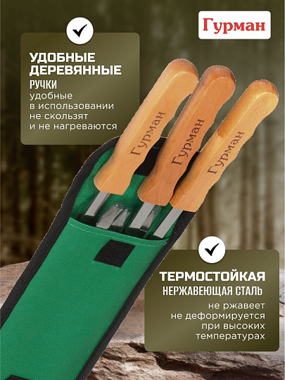 Шампур лезвие плоское, 6 шт, 600х10х2 мм, нержавеющая сталь, рукоятка дерево, Гурман, в чехле, CB2222