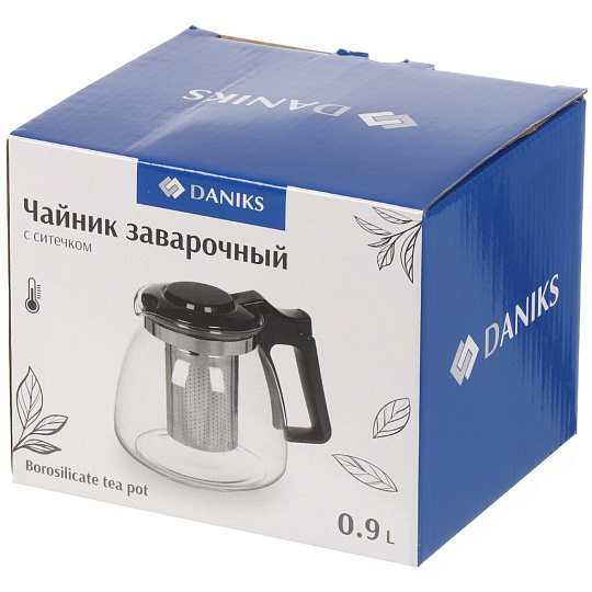Чайник заварочный стекло, пластик, 0.9 л, с ситечком, Daniks, 329888, черный