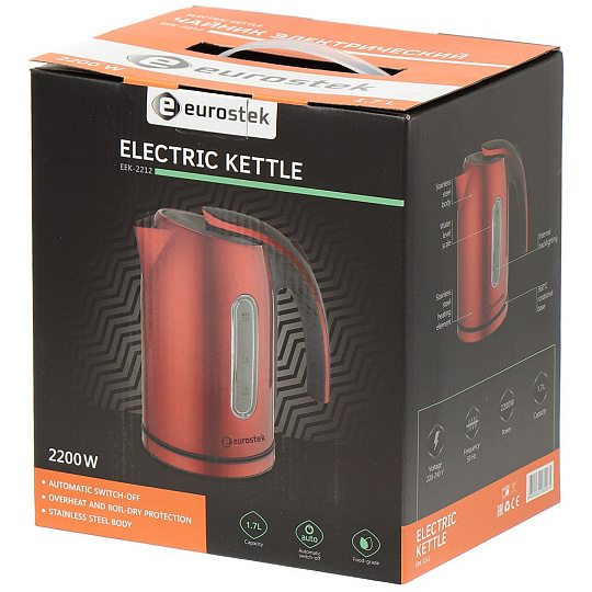 Чайник электрический Eurostek, ЕЕК-2212, красный, 1.7 л, 2200 Вт, скрытый нагревательный элемент, металл