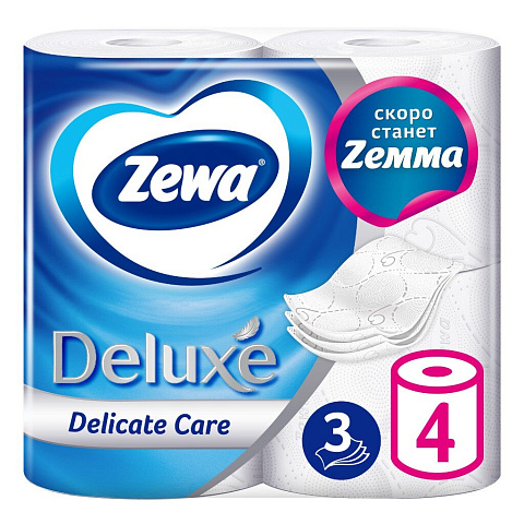 Туалетная бумага Zewa, Deluxe, 3 слоя, 4 шт, 20.7 м, с втулкой, белая