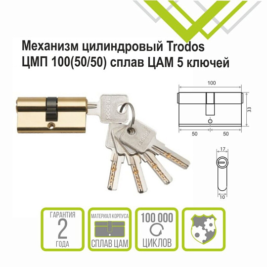 Личинка замка двери Trodos, ЦМВП, 208234, 100 мм, золото, 5 ключей