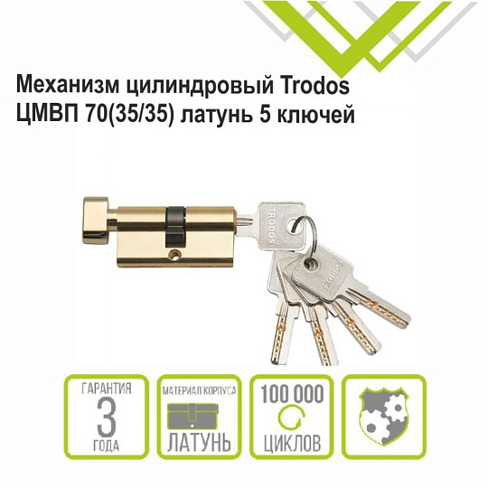 Личинка замка двери Trodos, ЦМВП, 209213, 70 мм, с заверткой, золото, блистер, 5 ключей
