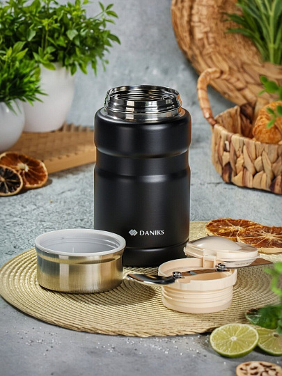 Термос нержавеющая сталь, 0.75 л, широкая горловина, Daniks, колба нержавеющая сталь, с ложкой, черный, J-004