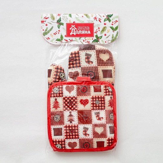 Набор кухонный 2 шт, 26х16 см + 17х17 см (варежка, прихватка), 100% полиэстер, Доляна, Новый год, 4902057