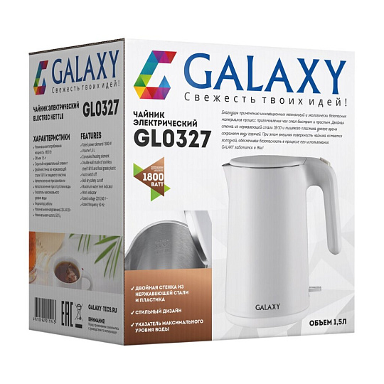 Чайник электрический Galaxy Line, GL 0327, белый, 1.5 л, 1800 Вт, скрытый нагревательный элемент, пластик