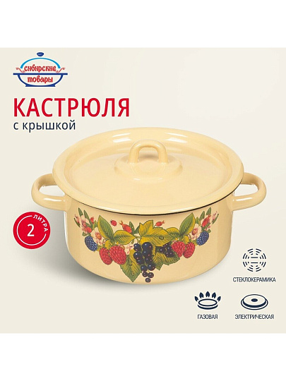 Кастрюля эмалированная сталь, 2 л, крышка сталь, цилиндрическая, Сибирские товары, С1610.П/С1610.3/С1610/*79/*67, в ассортименте