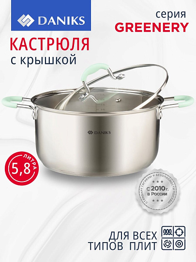 Кастрюля нержавеющая сталь, 5.8 л, крышка стекло, силиконовые ручки мятные, Daniks, Гринери, SD-23-24-2, индукция