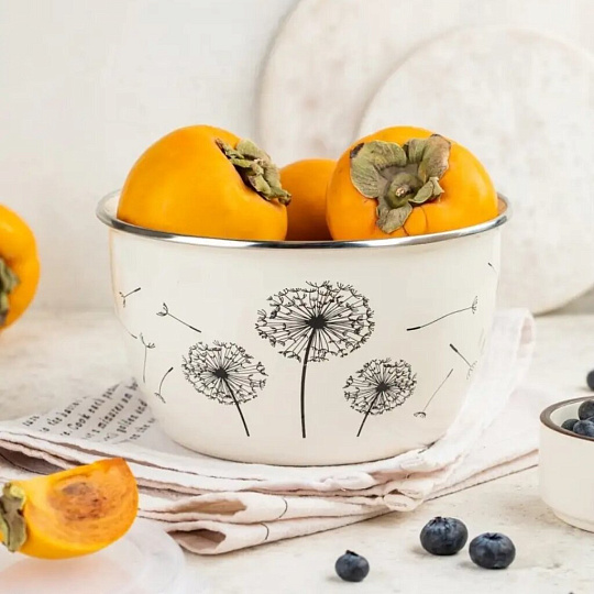 Миска эмалированная сталь, круглая, 14 см, 1.1 л, с крышкой, Одуванчик, Metrot, 340966