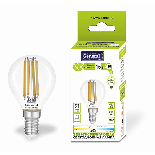 Лампа светодиодная E14, 15 Вт, 170-260 В, шар, 6500 К, General Lighting Systems, Филамент, прозрачное стекло, 661430