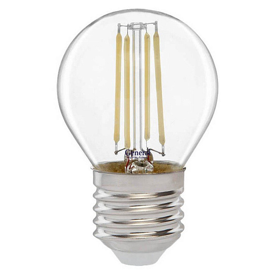 Лампа светодиодная E27, 12 Вт, 170-260 В, шар, 2700 К, теплый белый свет, General Lighting Systems, Филамент GLDEN-G45S-12-230, прозрачное стекло, 661012