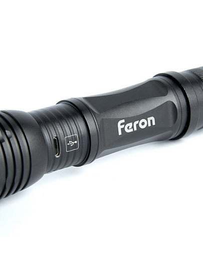 Фонарь ручной, встроенный аккумулятор, Feron, TH2401, зарядка от USB, алюминий, режим SOS, USB ZOOM, 41683