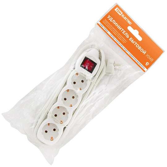 Удлинитель бытовой 4 гнезда, 5 м, ПВС, 3х1 мм², с заземлением, 16 А, выключатель, 250 В, TDM Electric, У03В, SQ1303-0112