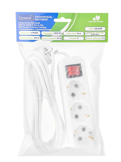 Удлинитель бытовой 3 гнезда, 3 м, ПВС, 3х0.75 мм², с заземлением, 10 А, выключатель, 2200 Вт, General Lighting Systems, 470090