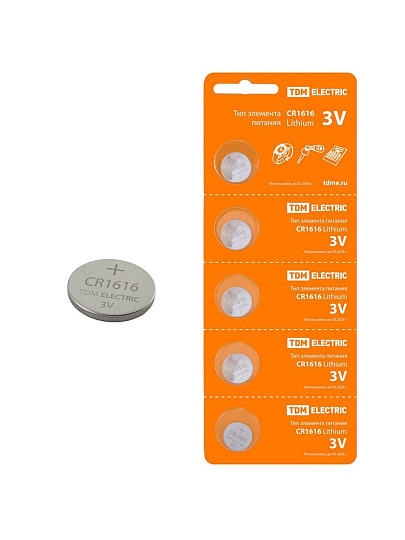 Батарейка TDM Electric, CR1616, Lithium, литиевая, 3 В, блистер, 5 шт, SQ1702-0025