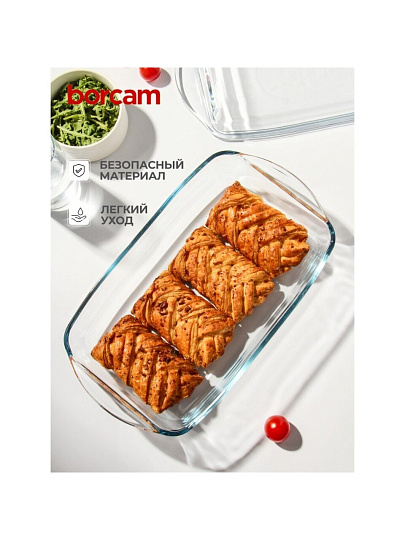Кастрюля стекло, 19х29х7 см, 2.75 л, прямоугольная, с крышкой, Borcam, 59010