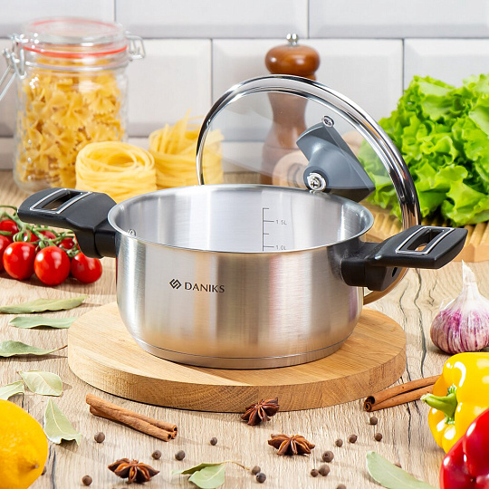Кастрюля нержавеющая сталь, 2.2 л, с крышкой, крышка стекло, Daniks, Айленд, SD-23-18, индукция