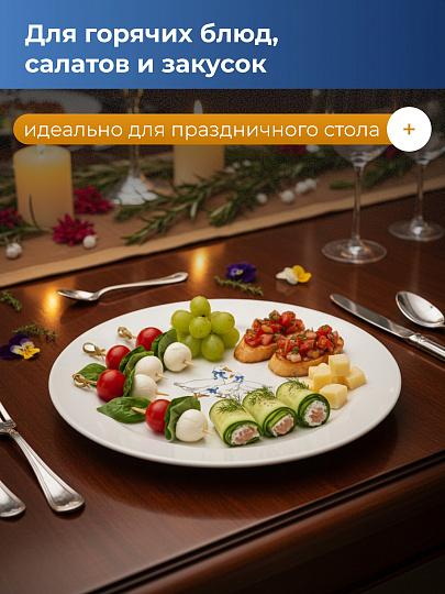 Тарелка обеденная, фарфор, 24 см, круглая, Гладкий край Гуси, Дулевский фарфор, 101952