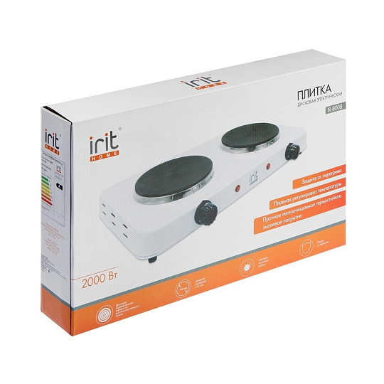 Плита электрическая Irit, IR-8008, 2000 Вт, 2 конфорки, диск, эмаль, механическая, переключатель поворотный, белая