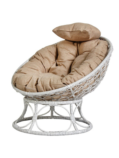 Кресло искусственный ротанг, Папасан Home мини, 81х68х77 см, белое, подушка беж. рогожка, 12870101