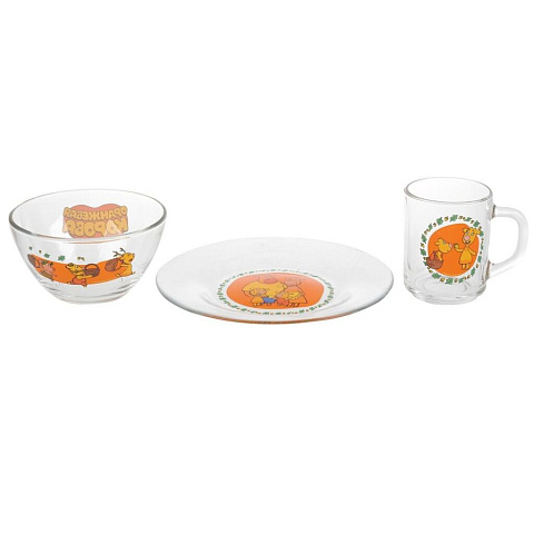 Набор детской посуды стекло, 3 шт, Оранжевая корова, кружка 250 мл, тарелка 19.6 см, салатник 13 см, Умка, GP51770ORK