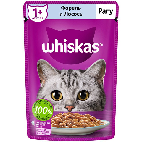 Корм для животных Whiskas, 75 г, для взрослых кошек 1+, рагу, форель/лосось, пауч, G8476
