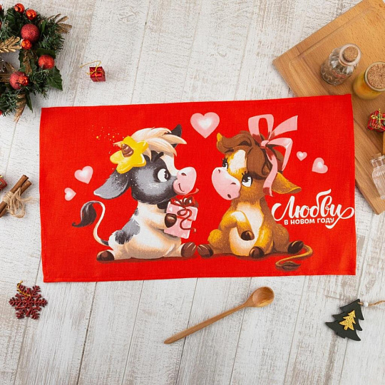 Полотенце кухонное вафельное, 35х60 см, 160 г/м2, 100% хлопок, Доляна, Любви в Новом Году, Россия, 5059197