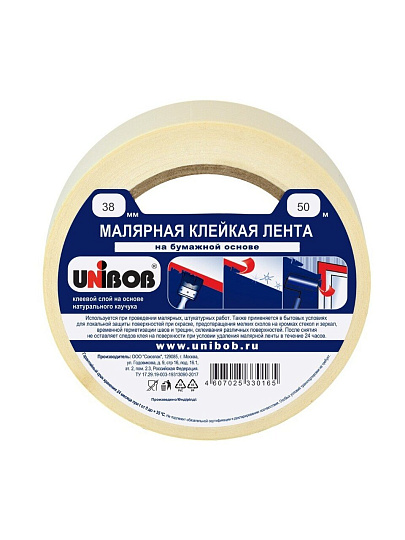 Клейкая лента малярная 38 мм, основа крепированная бумага, 50 м, Unibob, 28138