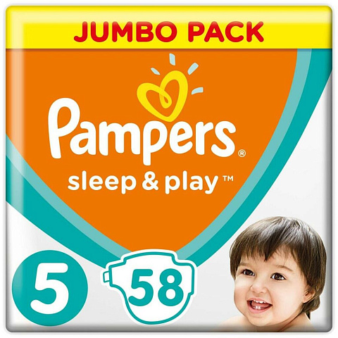 Подгузники детские Pampers, Sleep & Play Junior, 5, 11 - 16 кг, 58 шт, унисекс