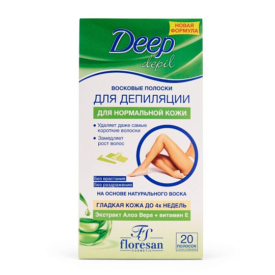 Восковые полоски для депиляции, Floresan Deep Depil, для нормальной кожи с алоэ вера, 20 полосок