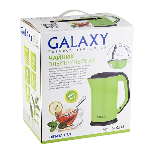 Чайник электрический Galaxy Line, GL 0318, зеленый, 1.7 л, 2000 Вт, скрытый нагревательный элемент, металл
