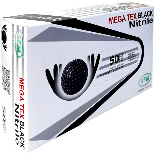 Перчатки нитриловые сверхпрочные SFM MEGA TEX BLACK, Германия, 25 пар (50 шт.), размер M (средний)