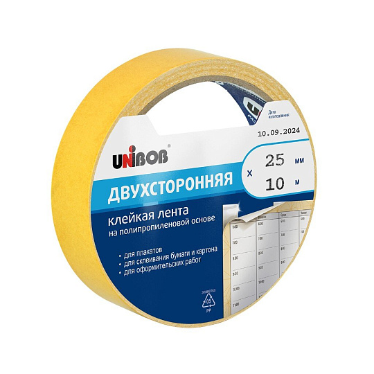 Клейкая лента двусторонняя 25 мм, основа полипропиленовая, 10 м, UNIBOB, 38566