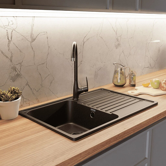 Мойка кухонная врезная, GranFest, Quarz, кварцевый песок, 736х476 мм, без сифона, черная, GF-Z78