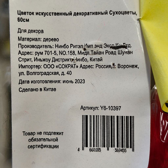 Цветок искусственный декоративный Сухоцветы, 60 см, темно-красный, Y6-10397