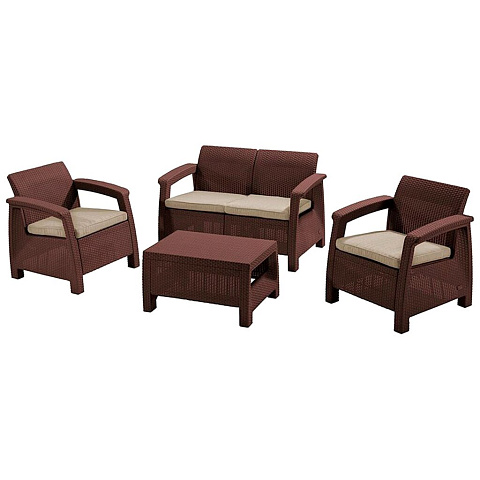 Мебель садовая Corfu Set, стол, 77х57х42 см, 2 кресла, 1 диван, подушка коричнево-серая, 110 кг, 17197361РКС