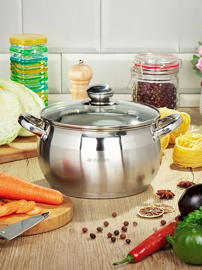 Кастрюля нержавеющая сталь, 3.9 л, крышка стекло, Daniks, Классика, SD-20, индукция